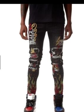 R3bel lightning bolts and flames print skinny fit jean pants size 42W 32L
